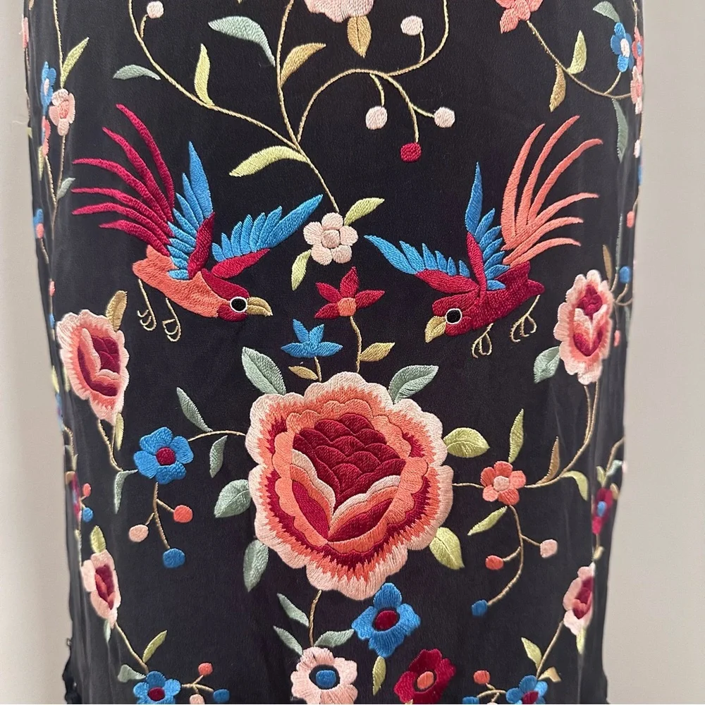 Sue Wong Vintage Black Silk Maxi Dress with Floral Embroidery & Fringe - Picture 5 of 16